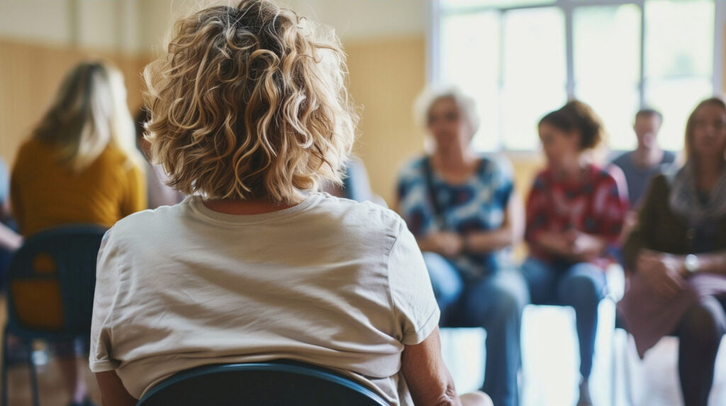 Group of women in addiction support group talking about drugs and weight loss